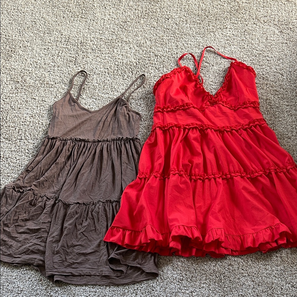 Red and Brown Ruffled Dresses